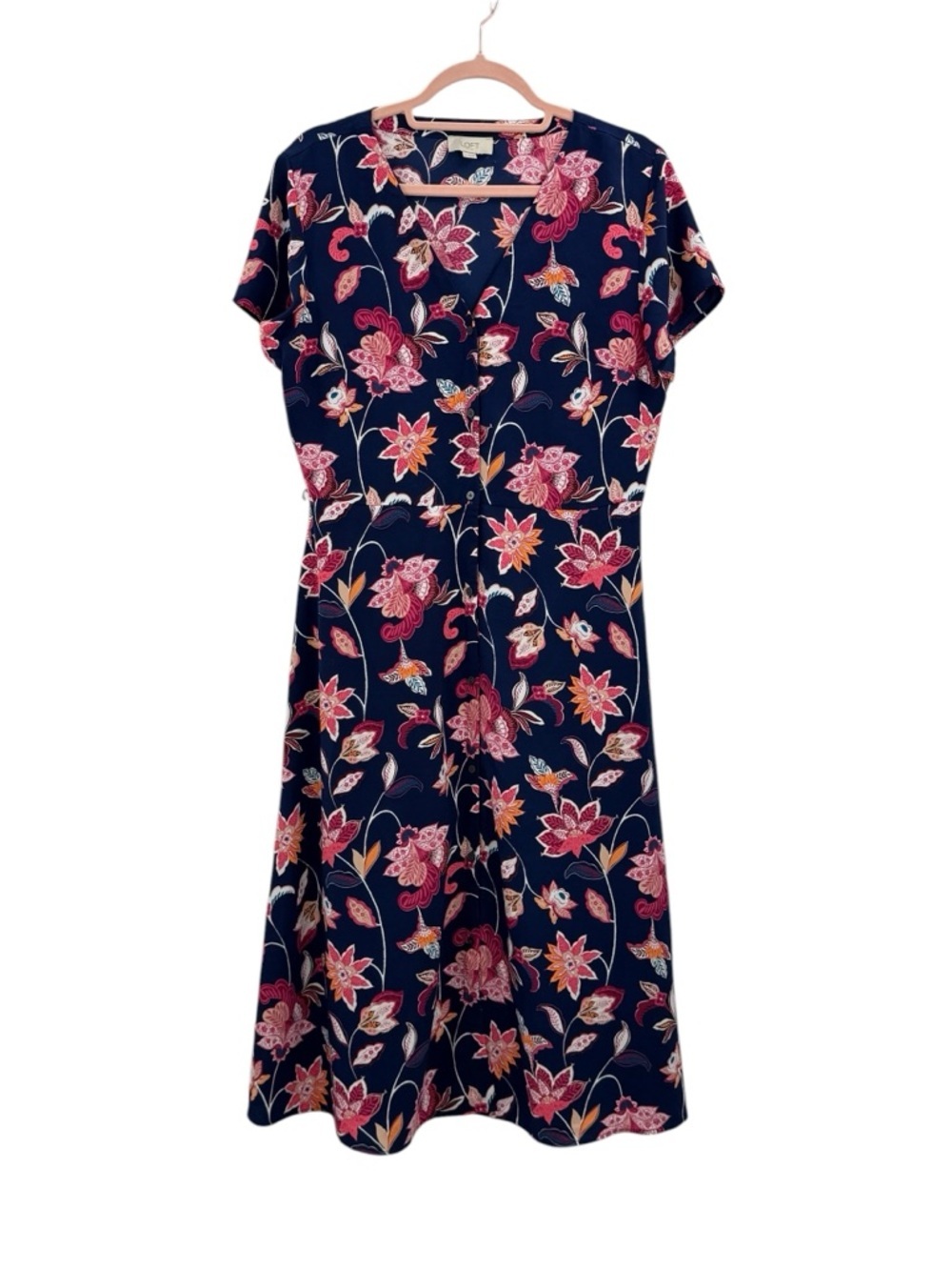LOFT Navy Floral Satin Midi Dress Button Front Fit Flare Romantic Cottagecore, 8